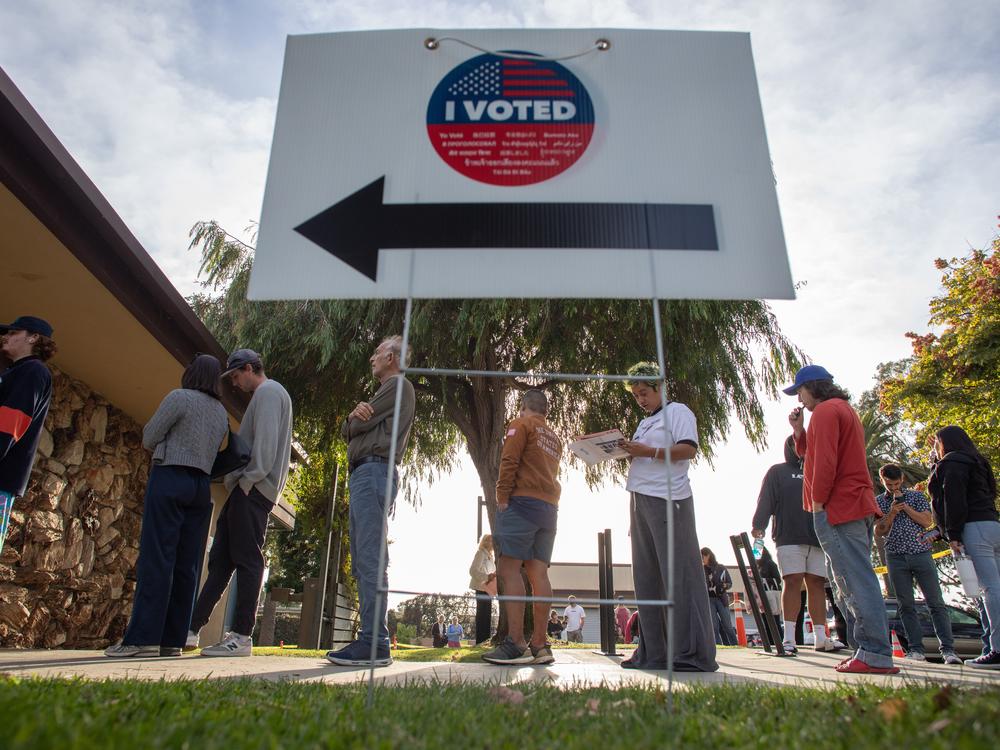 People stand in line to vote at Joslyn Park vote center in Santa Monica, California on Tuesday.