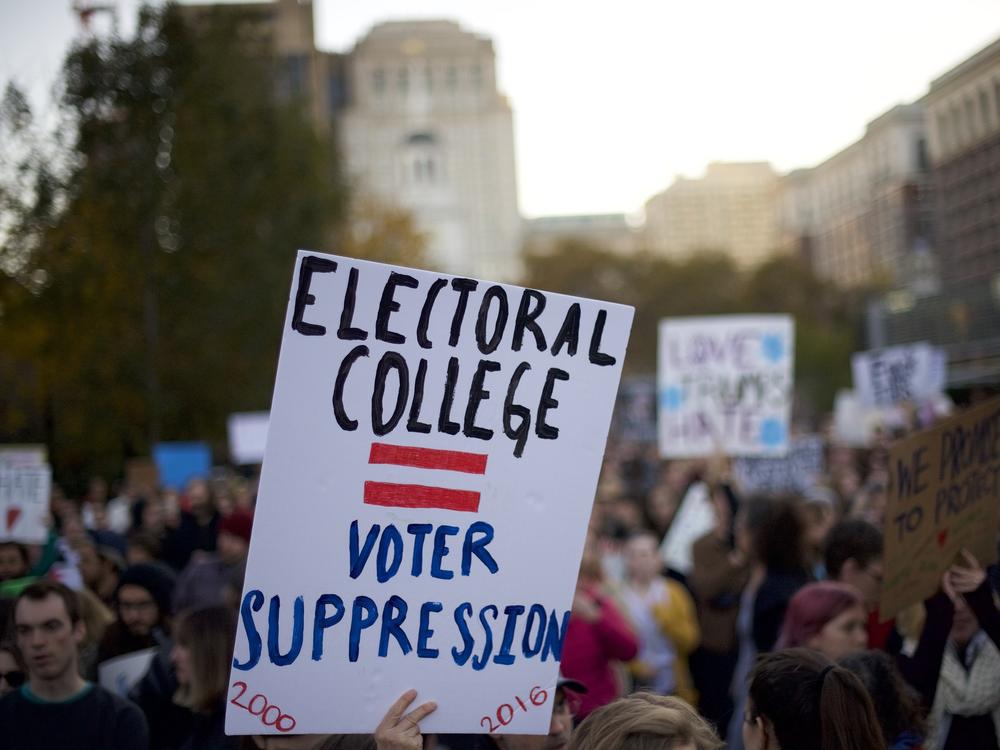 Nov. 13, 2016: Protestors demonstrate against President-elect Donald Trump outside Independence Hall in Philadelphia.  The Republican lost the popular vote by more than a million votes, but he won the Electoral College vote.