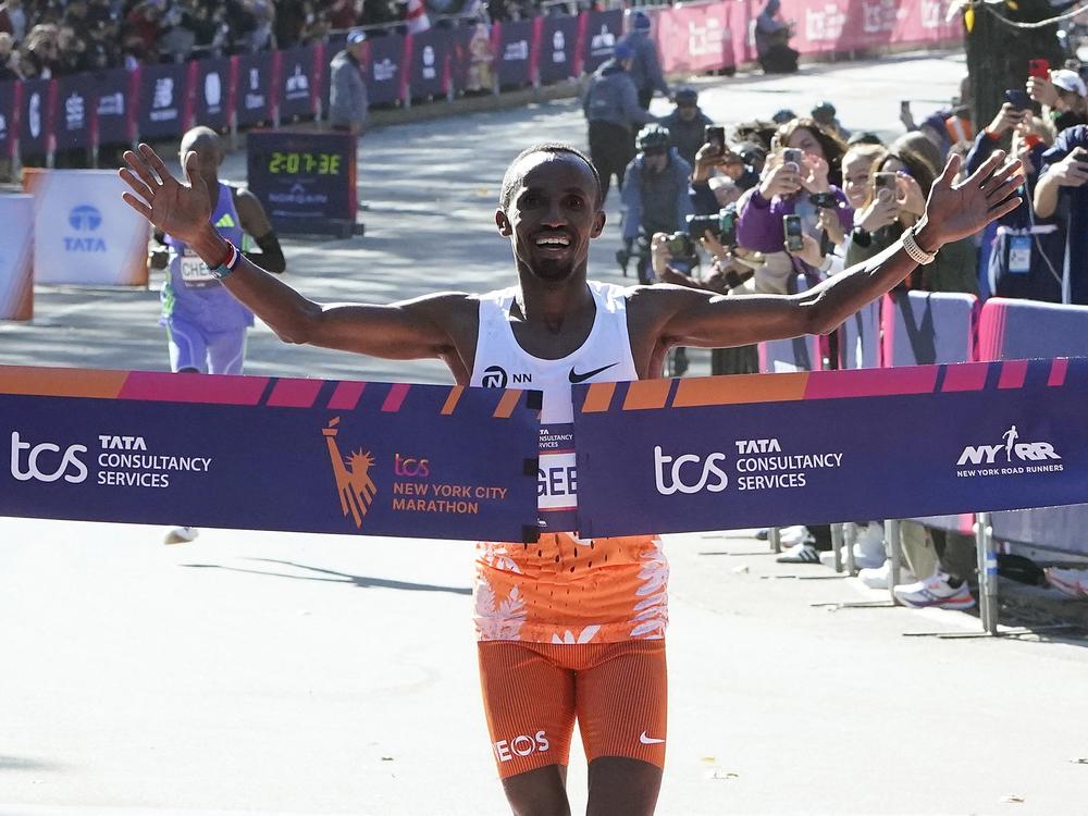 Abdi Nageeye of the Netherlands crosses the finish line to win the men's division during the New York Marathon in New York City on Sunday.