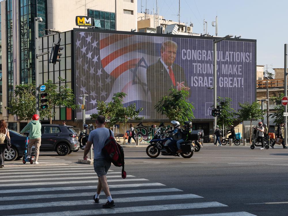 A large billboard message congratulates Donald Trump at a traffic junction in Tel Aviv on Wednesday.