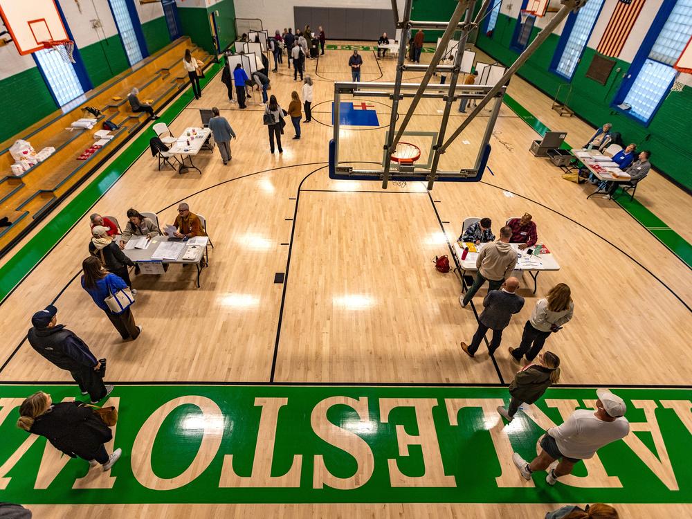 Voters check in and head to voting booths at the Charlestown Boys and Girls Club in Charlestown, Mass.