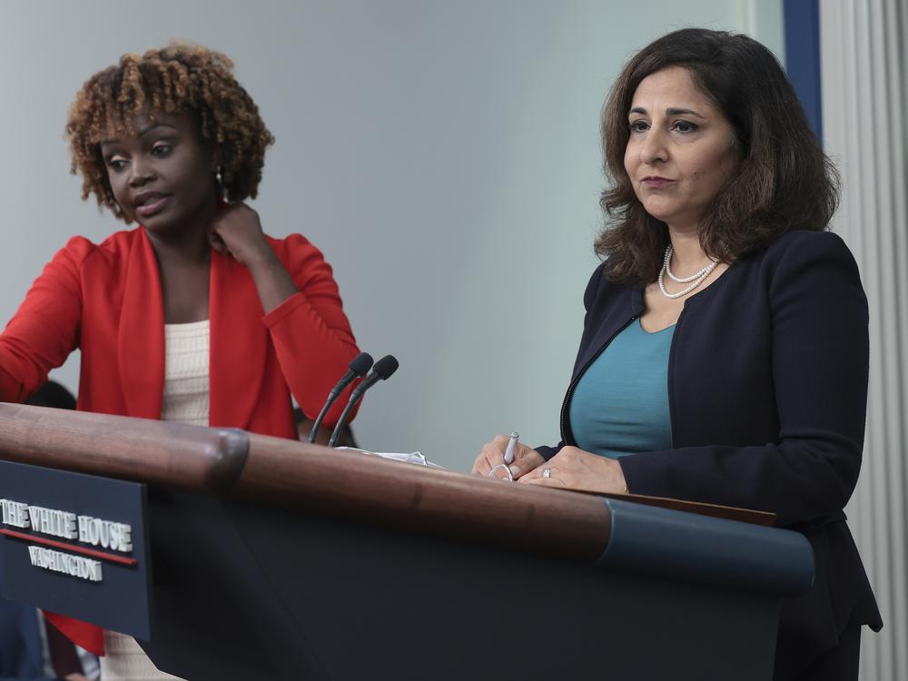 White House press secretary Karine Jean-Pierre, left, and Domestic Policy Advisor Neera Tanden, right, answer questions during a daily press briefing at the White House in August. Tanden is accused of violating the Hatch Act, in a complaint by the U.S. Office of Special Counsel.