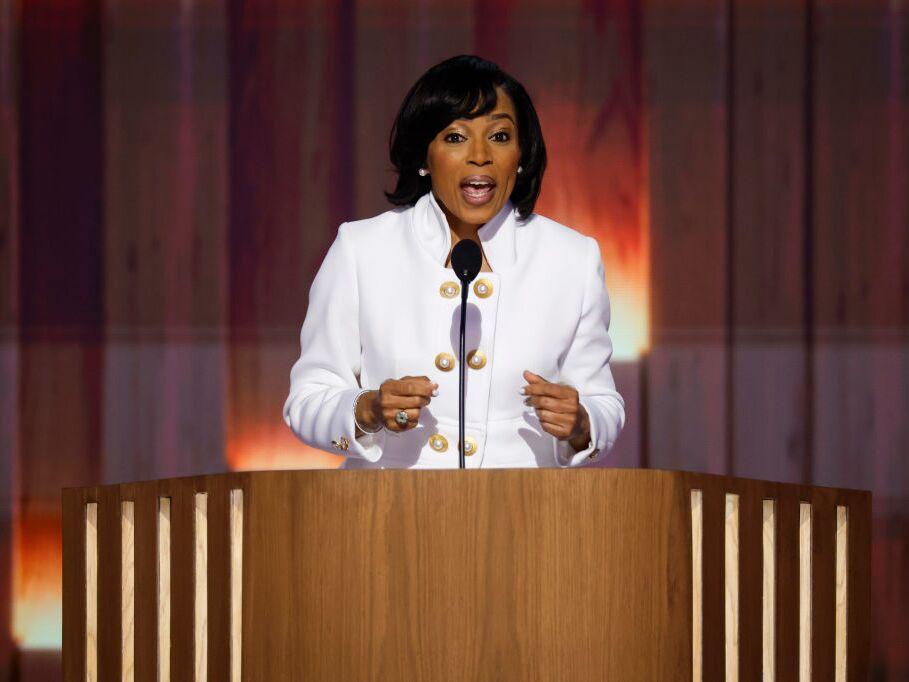 Maryland Democratic Senate candidate Angela Alsobrooks speaks on stage during the second day of the Democratic National Convention at the United Center on Aug. 20 in Chicago. Alsobrooks is a member of Delta Sigma Theta.