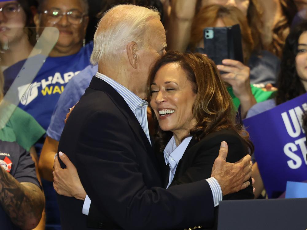 President Biden embraces Vice President Kamala Harris during a campaign event at IBEW Local Union #5 on Sept. 2, 2024, in Pittsburgh, Pa.