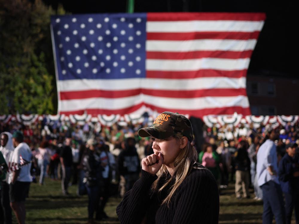 A supporter of Vice President Harris reacts to election results during a watch party at Howard University in Washington, DC, on Nov. 5, 2024.