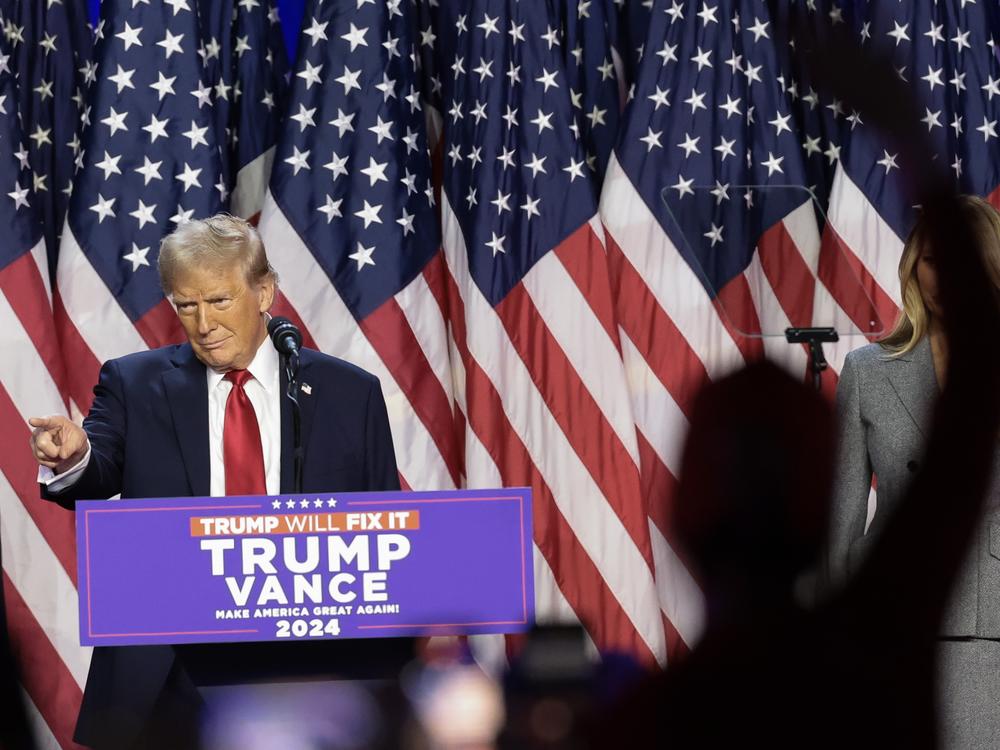 Republican presidential nominee, former U.S. President Donald Trump arrives to speak during an election night event at the Palm Beach Convention Center on November 06, 2024 in West Palm Beach, Florida.