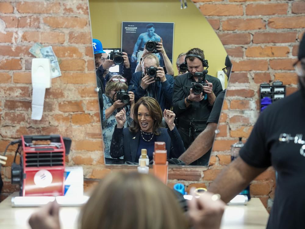 Vice President Harris sits in the “lucky chair” at Philly Cuts on Oct. 27, 2024, in Philadelphia. According to the barbershop, anybody that has run for office and has sat in that chair has won.