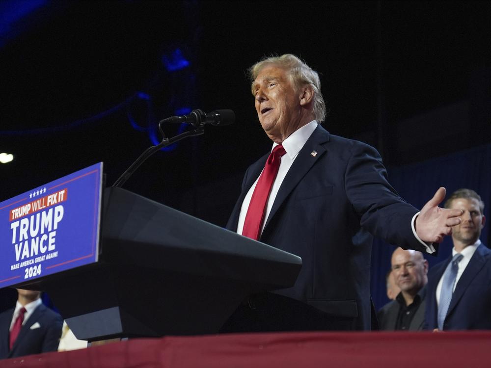 Donald Trump speaks at an election night watch party at the Palm Beach Convention Center in West Palm Beach, Fla.