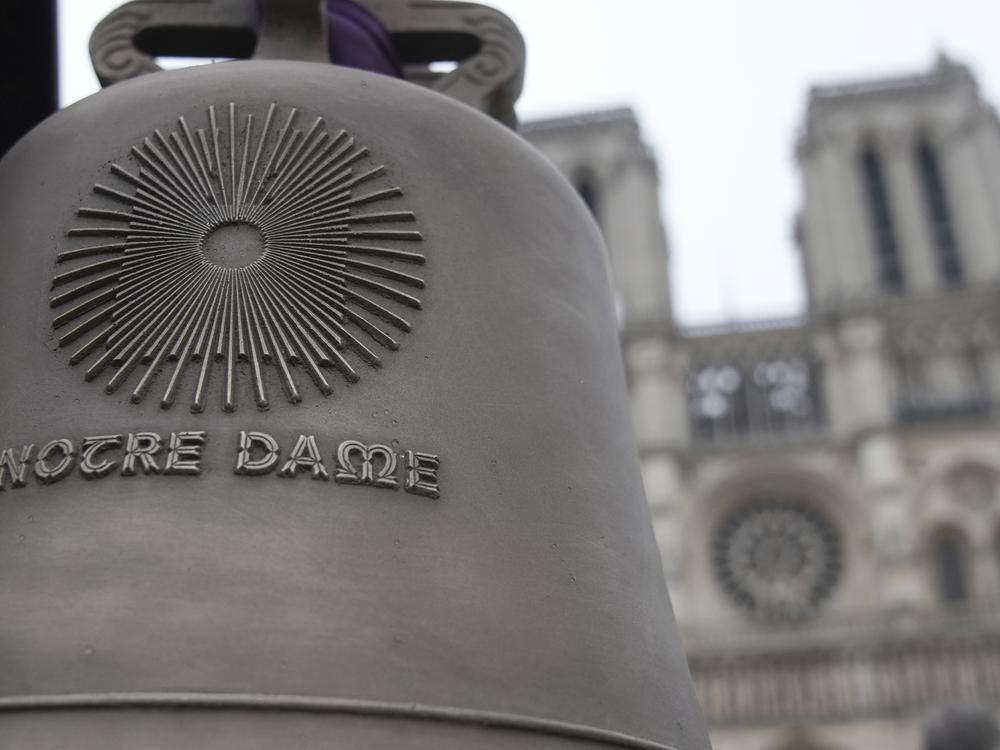 A bell is seen before its installation in Notre-Dame cathedral, ahead of the monument's grandiose reopening following a massive fire and five-year reconstruction effort, Thursday, Nov. 7, 2024 in Paris. (AP Photo/Christophe Ena)