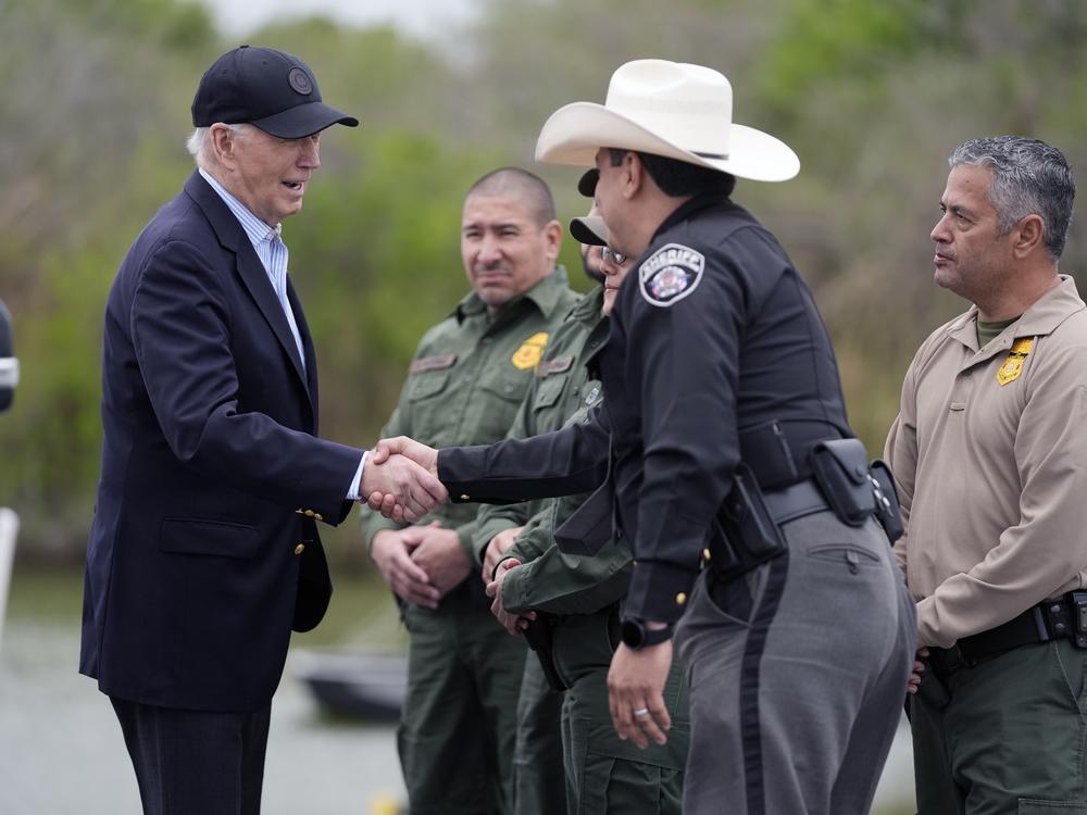 President Joe Biden is shown speaking with the U.S. Border Patrol and local officials, as he looks over the southern border, Feb. 29, 2024, in Brownsville, Texas, along the Rio Grande.