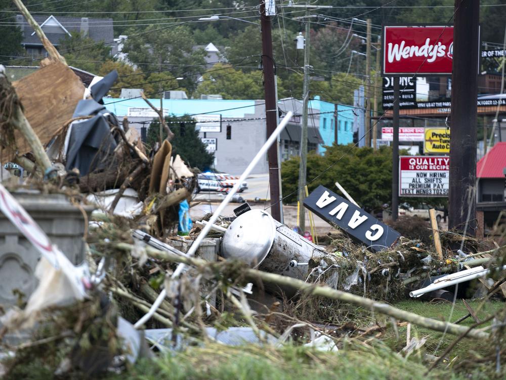 Storm damage from Hurricane Helene in Asheville, North Carolina, in September. Because of climate change, storms are more likely to become more intense, with higher wind speeds, heavier rainfall and more storm surge.