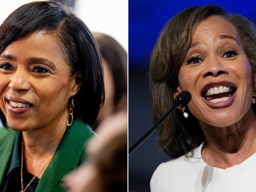 Left: Maryland Democratic Senate candidate Angela Alsobrooks speaks following a campaign stop on Oct. 22, in Kettering, Md. Right: Democratic Delaware Senate candidate state Rep. Lisa Blunt Rochester speaks during an election night watch party.