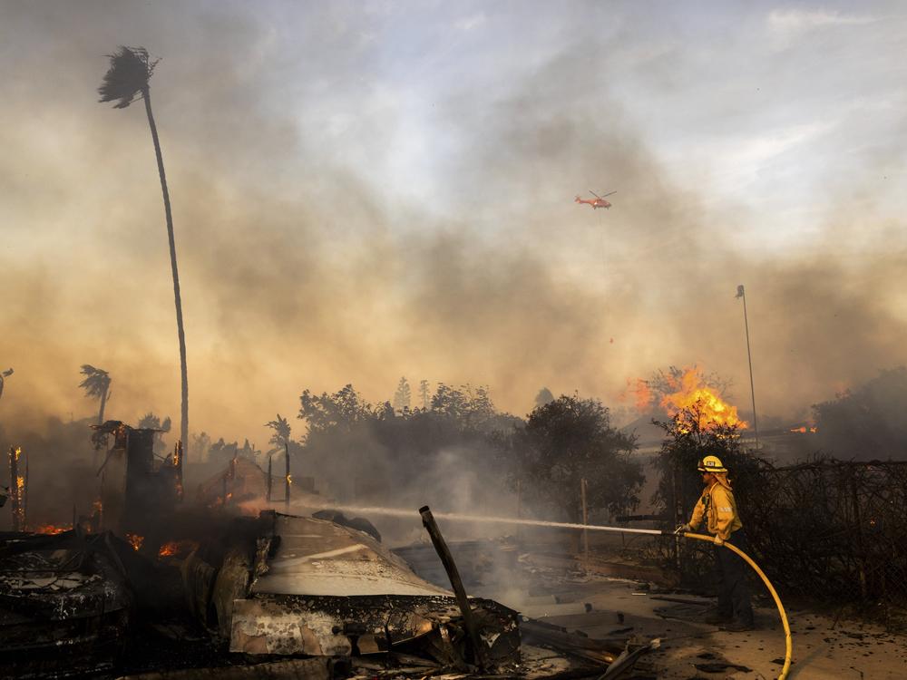 Firefighters work against the Mountain Fire on Nov. 6, 2024, near Camarillo, Calif.