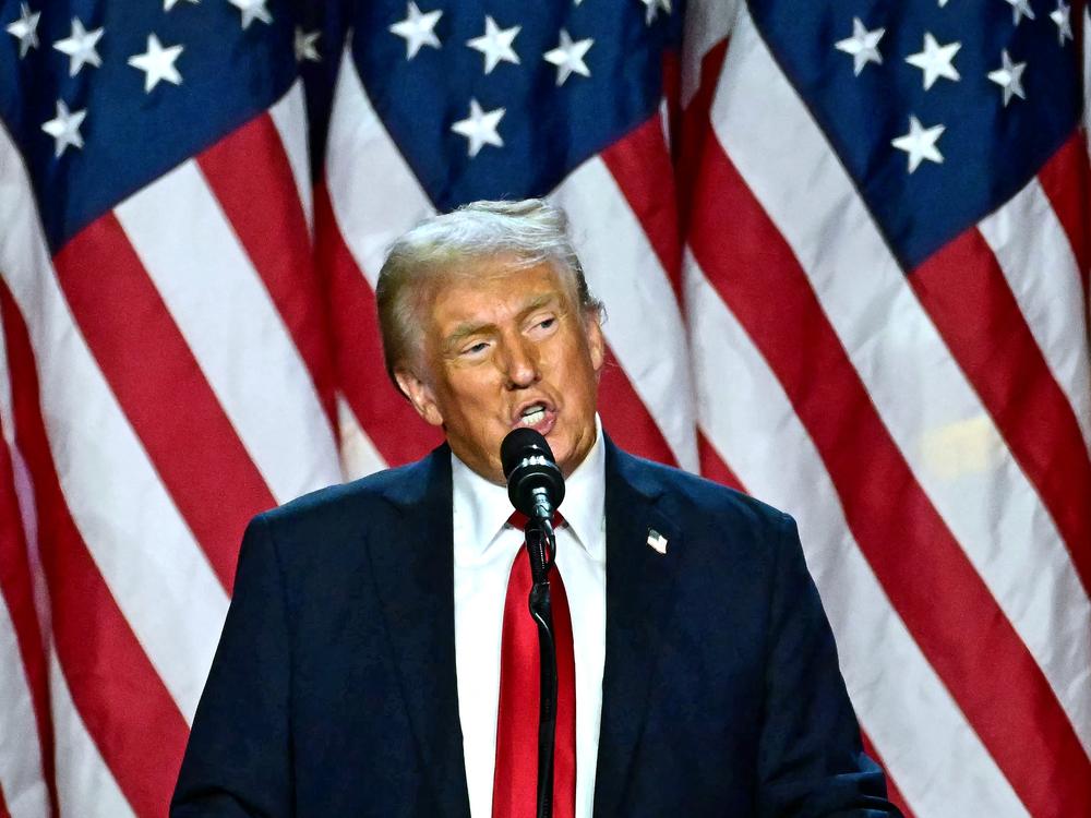Former US President and Republican presidential candidate Donald Trump speaks during an election night event in West Palm Beach, Florida, on Nov. 6. Trump secured the victory, in part, by shifting Democratic counties toward the right.