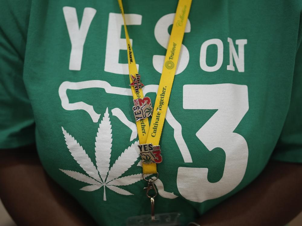 A Trulieve employee wears a T-shirt in support of Amendment 3 in Florida, a ballot initiative which would have legalized the recreational use of pot in the state for adults 21 years old and older.