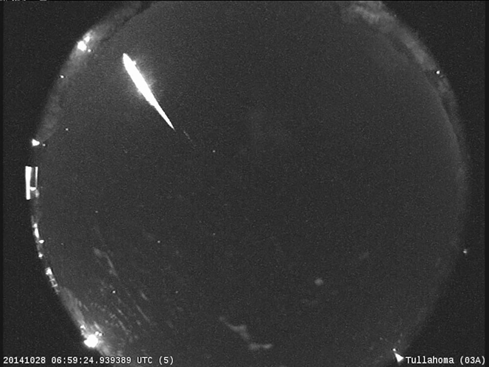 This 2014 image provided by NASA shows a Taurid fireball recorded at the NASA All Sky Fireball Network station in Tullahoma, Tenn.