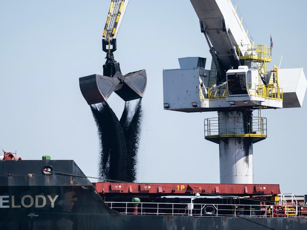 Coal is loaded onto a cargo ship in Louisiana in 2023.