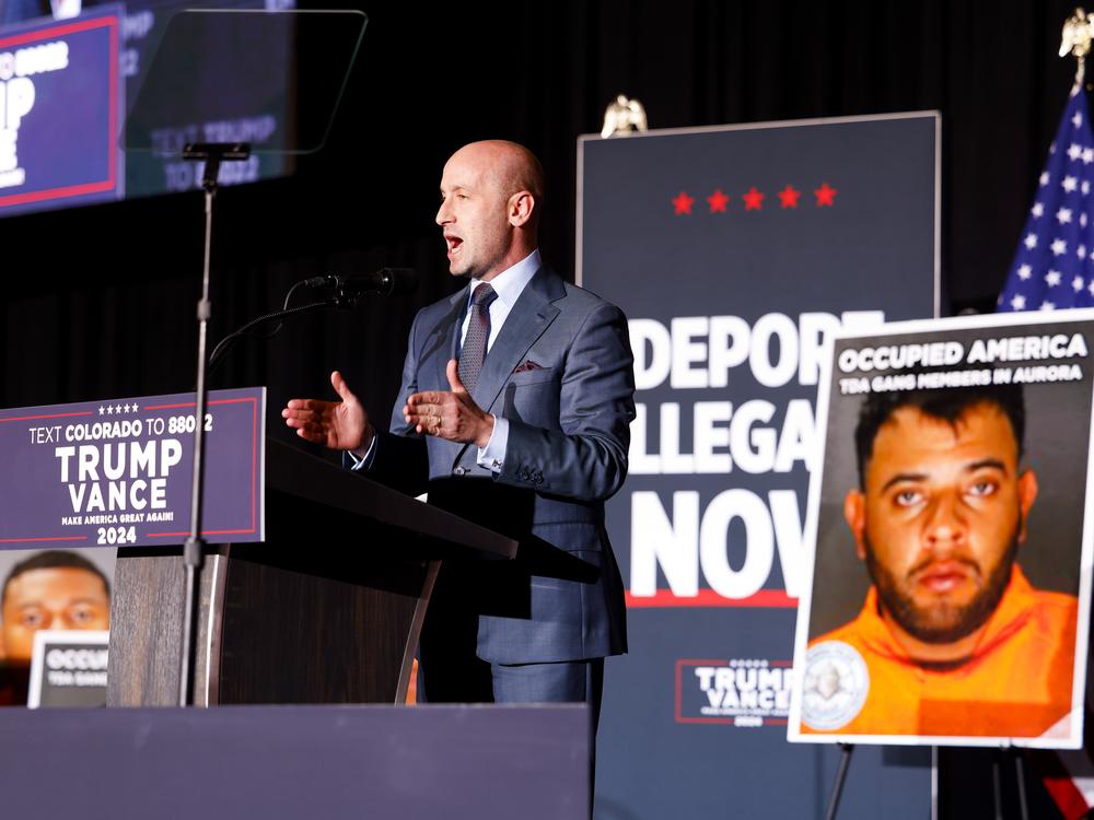 Stephen Miller, senior advisor President-elect Donald Trump, speaks at a campaign rally on Oct. 11 in Aurora, Colo.