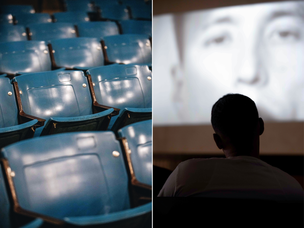 Left: Seats in the auditorium where the program was held. Right: An audience member watches one of three short films screened at the festival.