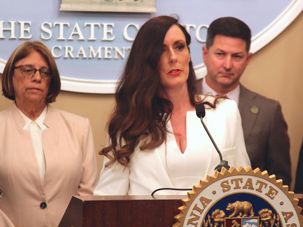 Victoria Burke discusses proposed protections for victims of assault and abuse during a 2023 news conference in California.