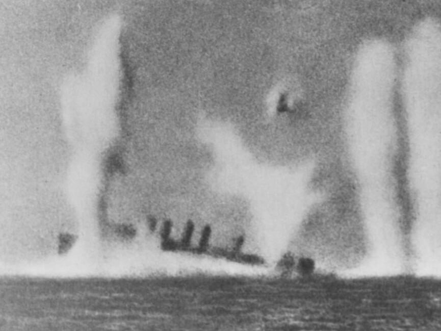 An image from a Japanese propaganda film shows the Edsall just before its sinking.