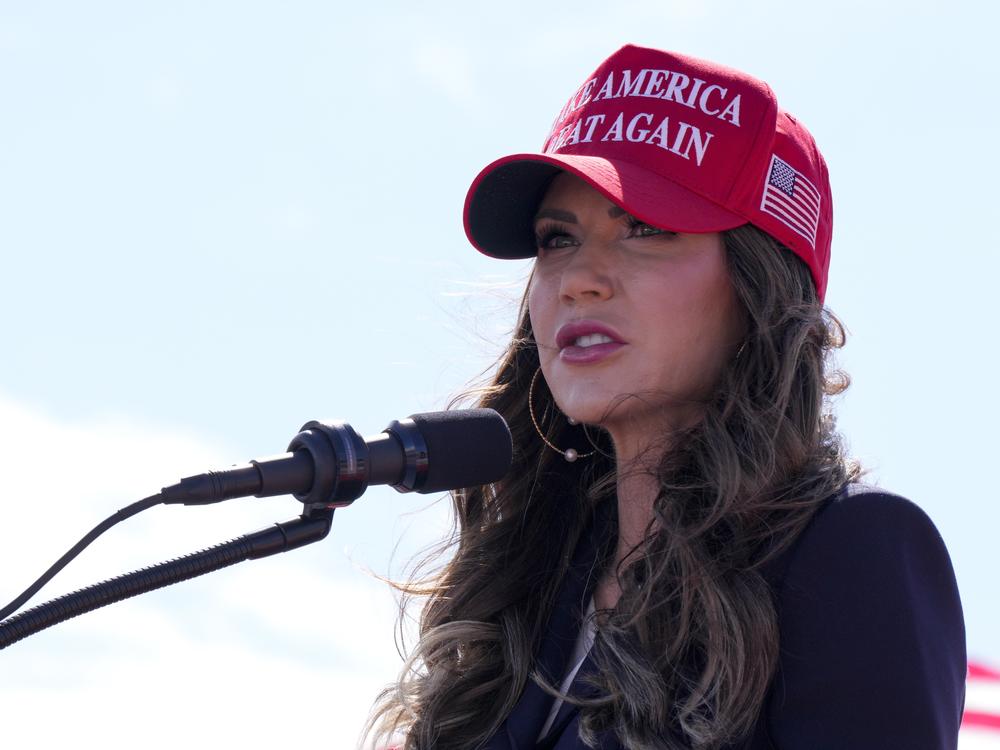 South Dakota Gov. Kristi Noem speaks prior to remarks from then-Republican presidential candidate Donald Trump at a campaign rally March 16 in Vandalia, Ohio.