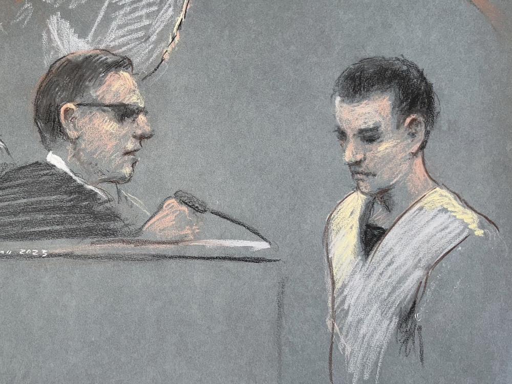 This artist depiction shows Massachusetts Air National Guardsman Jack Teixeira (right) appearing in U.S. District Court in Boston on April 14, 2023.