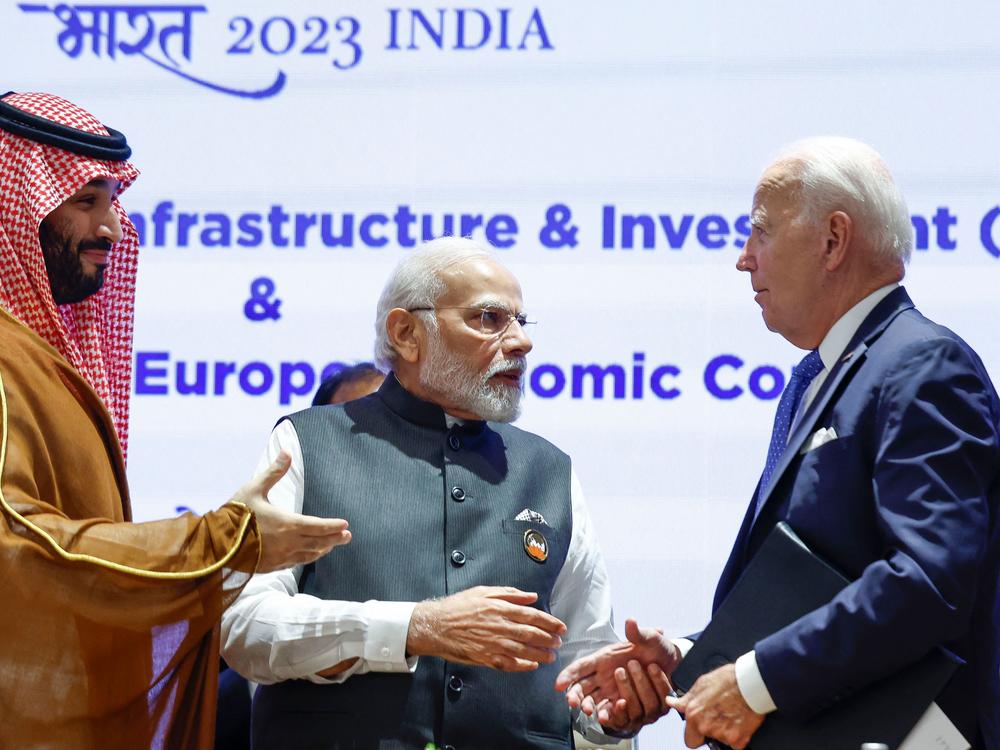 In this file photo from last year's G20 meeting in New Delhi on Sept. 9, 2023, President Biden speaks with Saudi Crown Prince Mohammed bin Salman and India's Prime Minister Narendra Modi