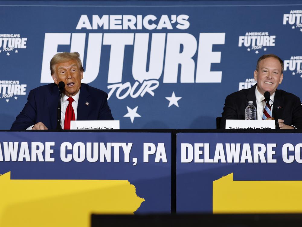Then-candidate Donald Trump participates in a roundtable discussion with former Republican U.S. Representative from New York, Lee Zeldin, in the battleground state of Pennsylvania just days before voting ended.