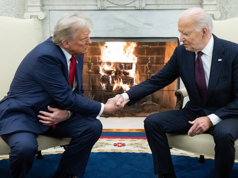 President Biden shakes hands with President-elect Donald Trump during a meeting in the Oval Office on Nov. 13, 2024.