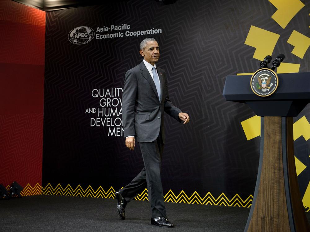 President Barack Obama arrives for a press conference after attending the Asia-Pacific Economic Cooperation summit on Nov. 20, 2016 in Lima, Peru.