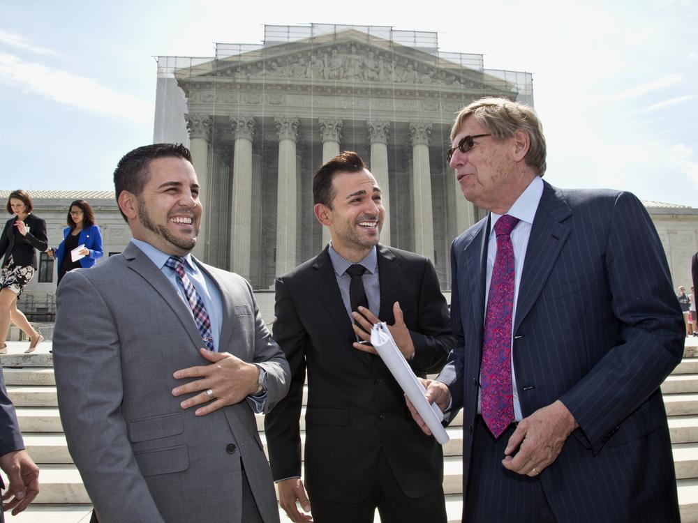 Olson's battle to strike down laws banning gay marriage were a major focus of his legal career. Above, Olson, right, Jeff Zarrillo, left, and Paul Katami, center, talk outside the Supreme Court on June 20, 2013, as they leave after a waiting for a decision in their case on gay marriage, Hollingsworth v. Perry.