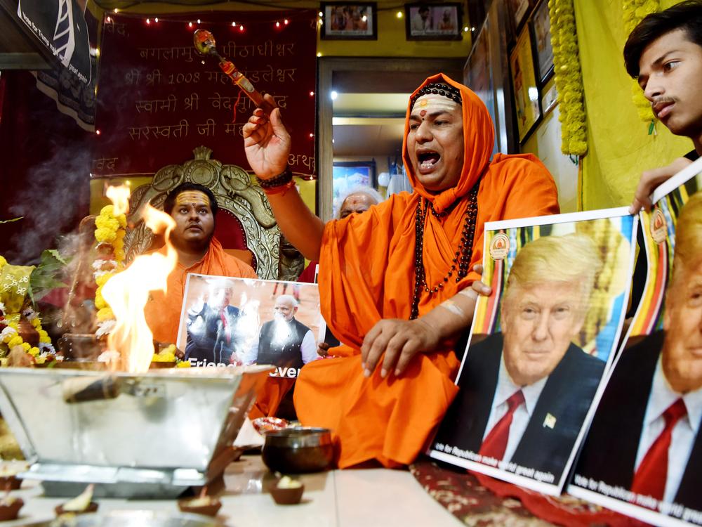 Hindu priests perform a ritual for the victory of Donald Trump ahead of the U.S.  elections, at Maa Baglamukhi Shakti Peeth, Dilshad Garden, in New Delhi on Nov. 3.