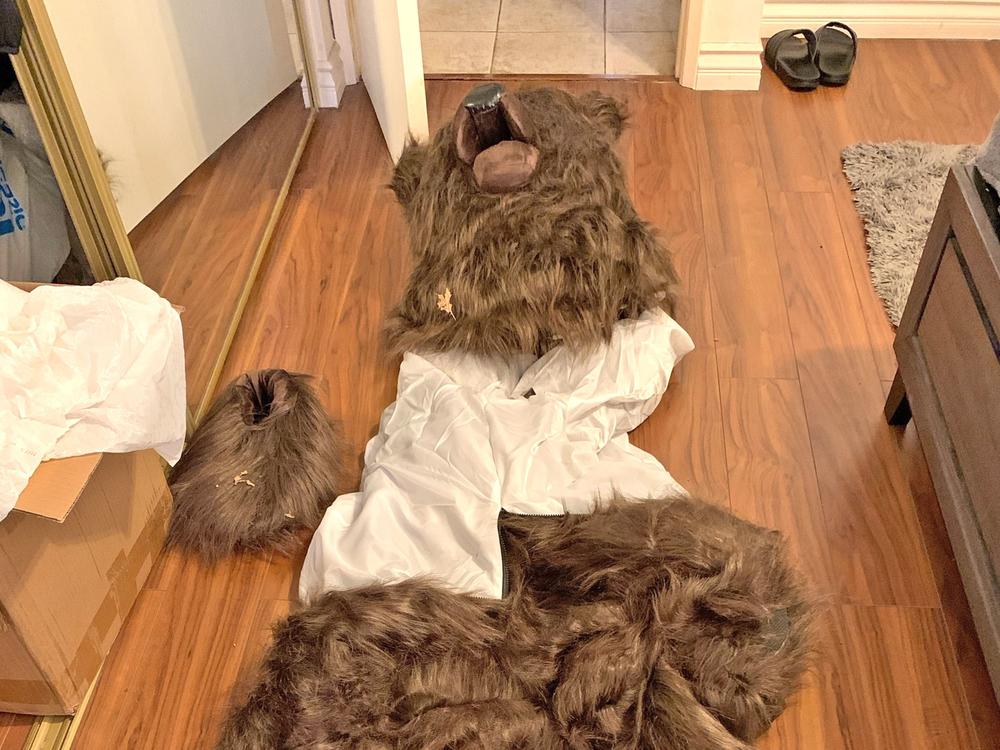The California Department of Insurance says detectives found this bear costume at the home of the suspects accused of orchestrating fake bear attacks on their vehicles.