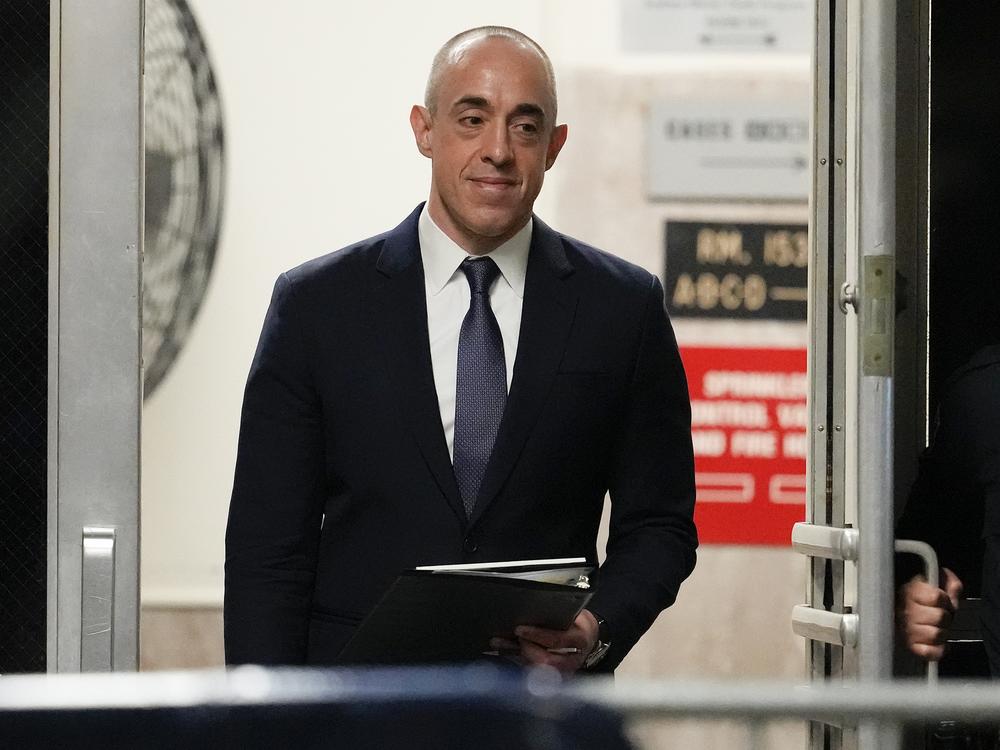 Donald Trump's defense attorney, Emil Bove, returns to the courtroom after a break at Manhattan criminal court on April 16.