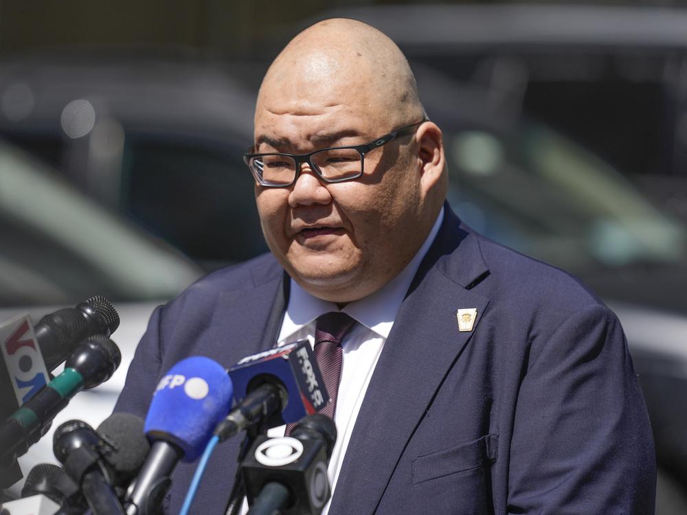 Former President Donald Trump's campaign spokesman Steven Cheung speaks to reporters across the street from Trump's criminal trial in New York, on May 28.