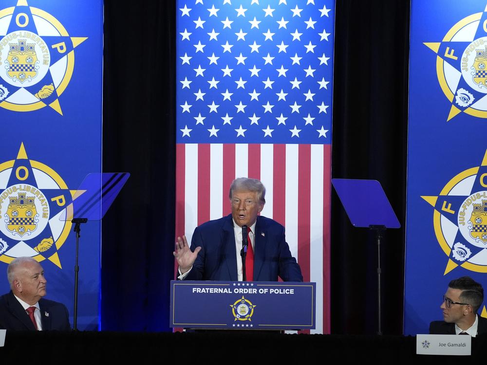 President-elect Donald Trump speaks to the National Fraternal Order of Police during the campaign, in Charlotte, N.C., as FOP president Patrick Yoes, left, and FOP vice president Joe Gamaldi listen.