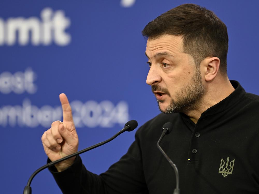 Ukraine's President Volodymyr Zelenskyy speaks during a press conference during the European Political Community (EPC) Summit at the Puskas Arena in Budapest , Hungary on Nov. 7, 2024.