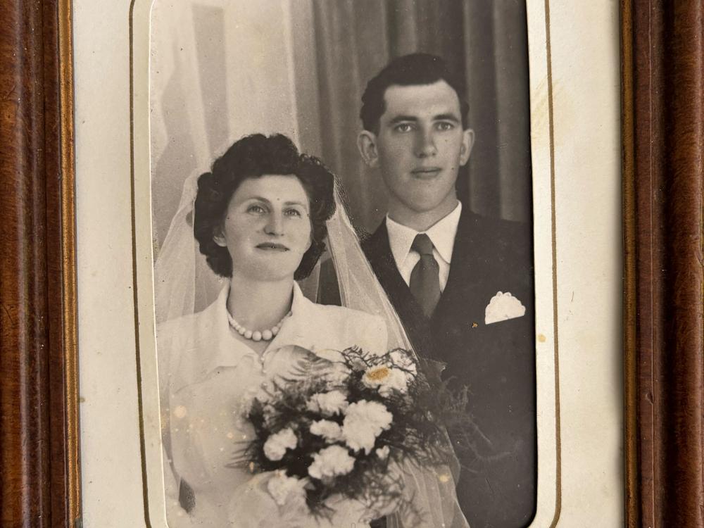 A picture of a family photograph of Catherine Tournellec and Jean Salaün on their wedding day in June 1950. Salaün died in 1971.