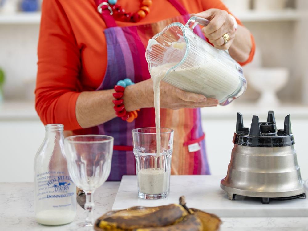Prue Leith makes a smoothie using overripe bananas — skin and all. (She does cut off the tip and tail.)