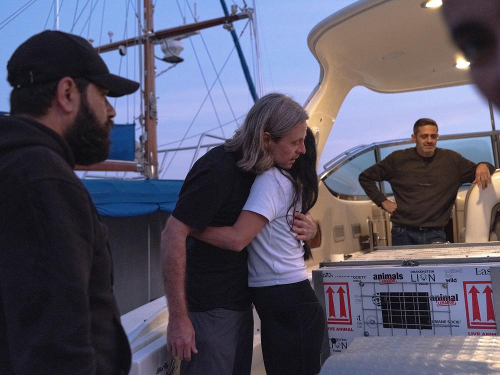 Jason Mier and Maggie Shaarawi, cofounders of Animals Lebanon, embrace before the yacht takes Sara the lion cub out of the country.