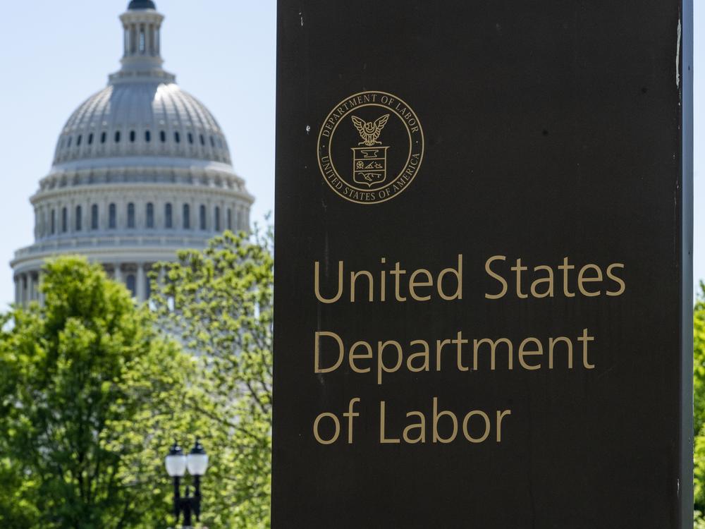 The entrance to the Labor Department is seen near the Capitol in Washington, Thursday, May 7, 2020.