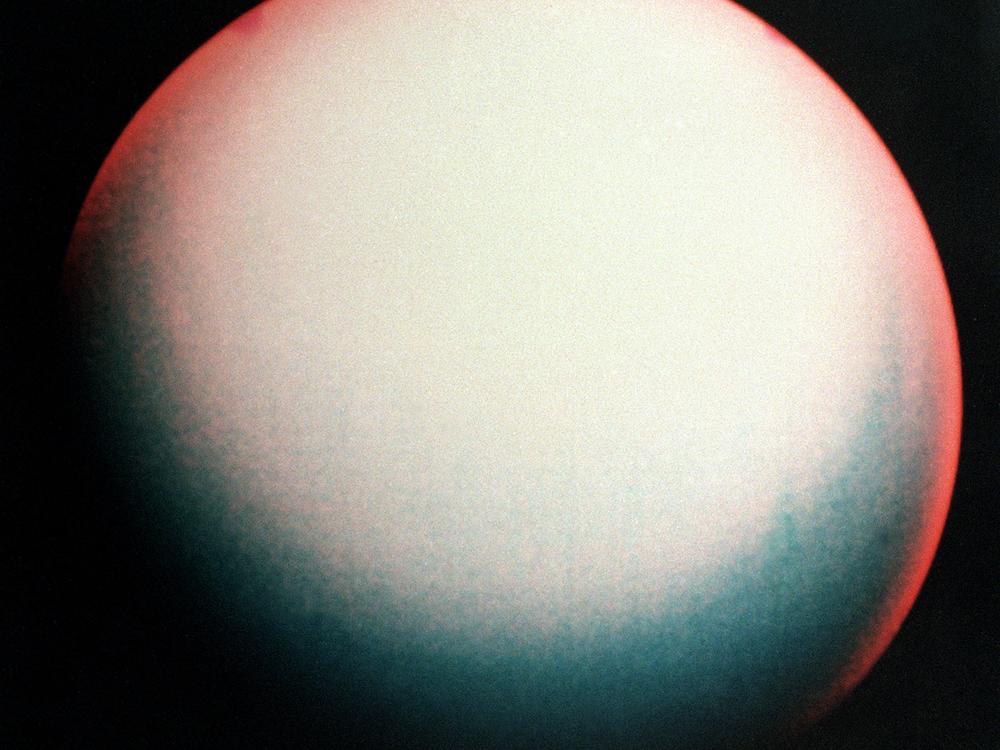 A false color view of Uranus made from images taken by Voyager 2 in January 1986.