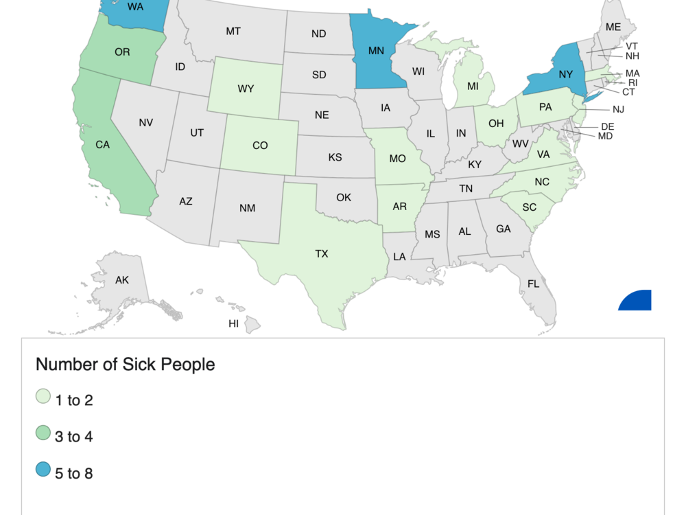This map shows the locations of the 39 individuals reported sick by the current E. coli outbreak. The CDC said the true number of infected individuals is likely much higher.