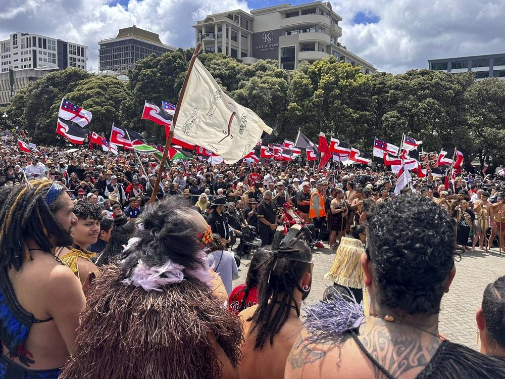 Indigenous Māori gather outside Parliament in Wellington, New Zealand on Tuesday.
