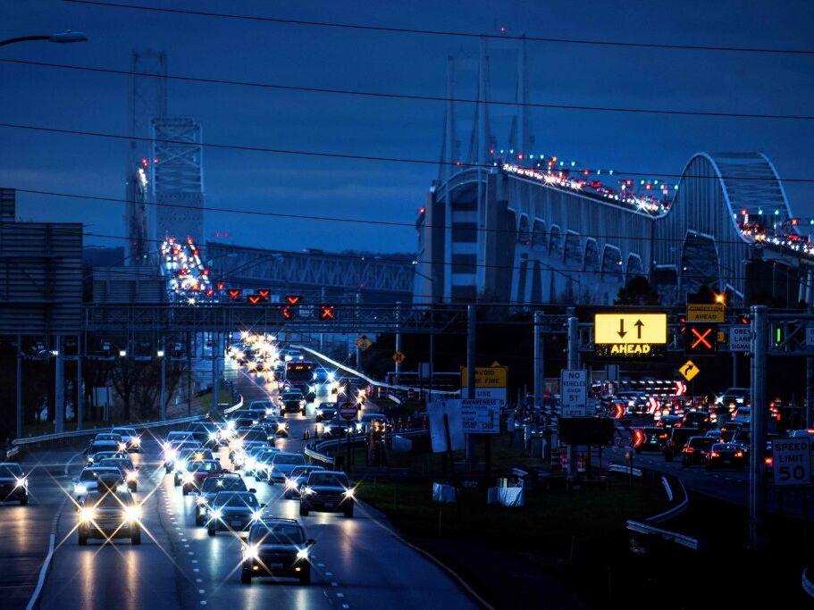 Cars cross the Bay Bridge over the Chesapeake Bay in Stevensville, Md., on Nov. 22, 2023, ahead of the Thanksgiving holiday.