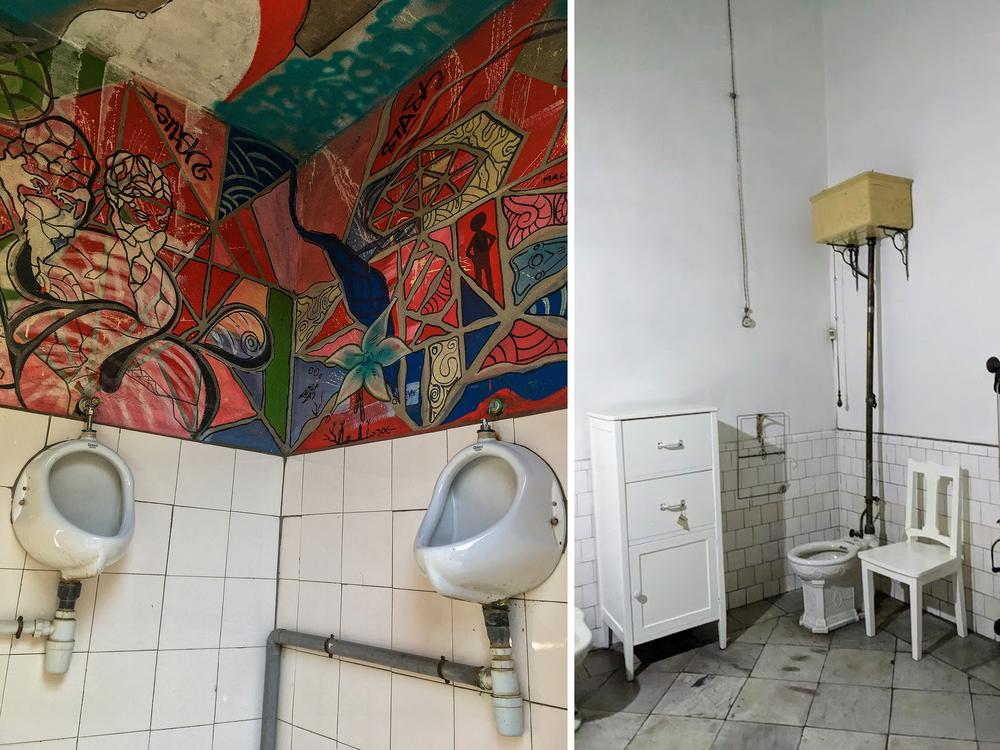 Two toilet views. At left: You can admire art while you pee at these urinals in the building of a cultural association called La Teinturerie in Madagascar's capital, Antananarivo. At right: On a tour of a 16th-century mansion in Mexico City that is now the Casa de la Bola Museum, you can get a glimpse of how the glitterati of long ago lived — and urinated.