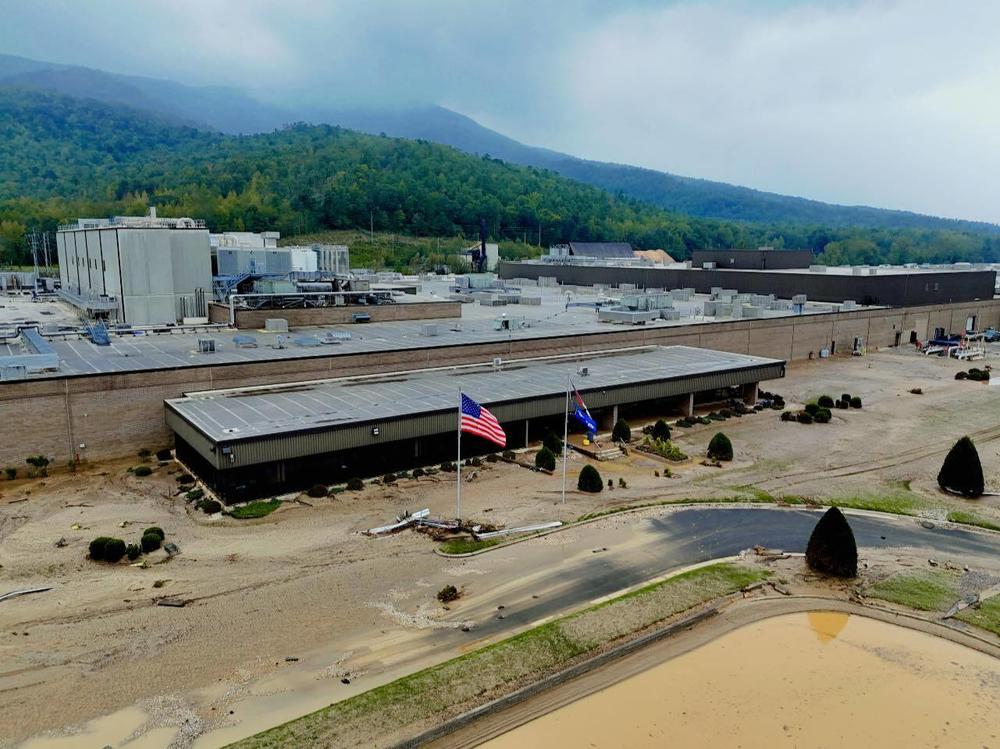 Footage from Sept. 28 shows sand and debris left after flooding shut down operations at Baxter International's facility in Marion, N.C. The plant is the largest manufacturer of intravenous and peritoneal dialysis solutions in the United States.