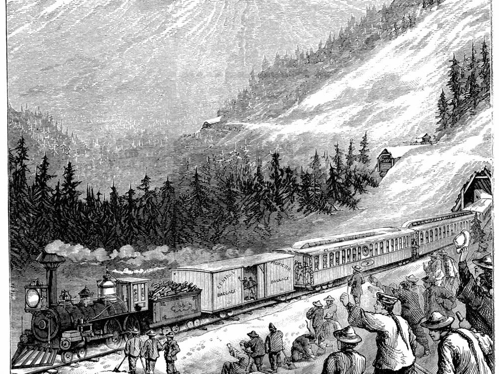 Illustration depicting Chinese laborers clearing snow on the Pacific Railroad in the Sierra Nevada mountains. Dated 19th century.