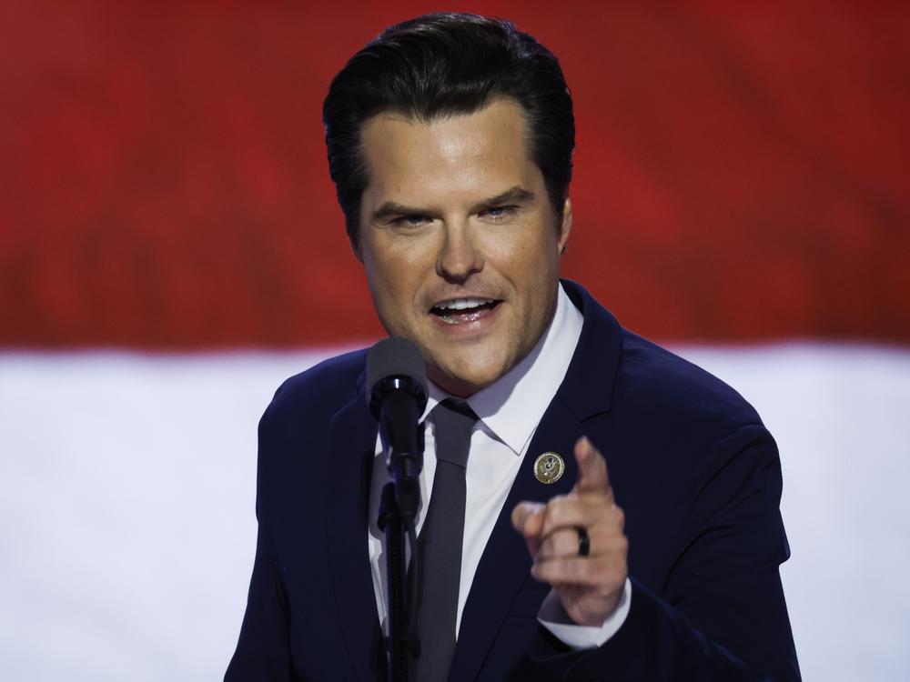 Rep. Matt Gaetz, R-Fla., walks on stage on the third day of the Republican National Convention in Milwaukee on July 17.